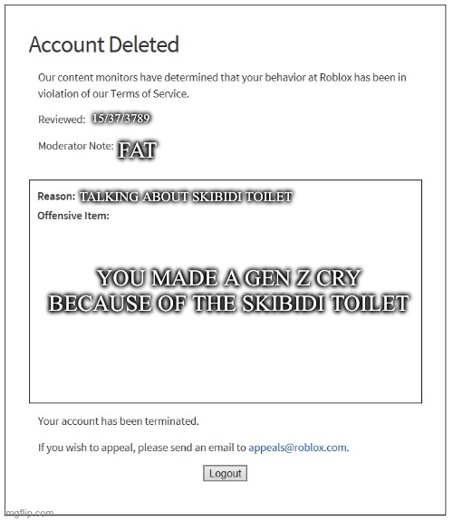 banned from ROBLOX | 15/37/3789; FAT; TALKING ABOUT SKIBIDI TOILET; YOU MADE A GEN Z CRY BECAUSE OF THE SKIBIDI TOILET | image tagged in banned from roblox | made w/ Imgflip meme maker