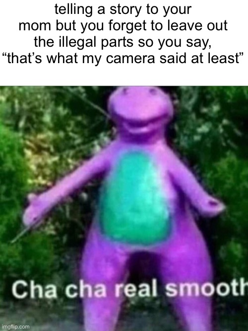 Cha Cha Real Smooth | telling a story to your mom but you forget to leave out the illegal parts so you say, “that’s what my camera said at least” | image tagged in cha cha real smooth | made w/ Imgflip meme maker