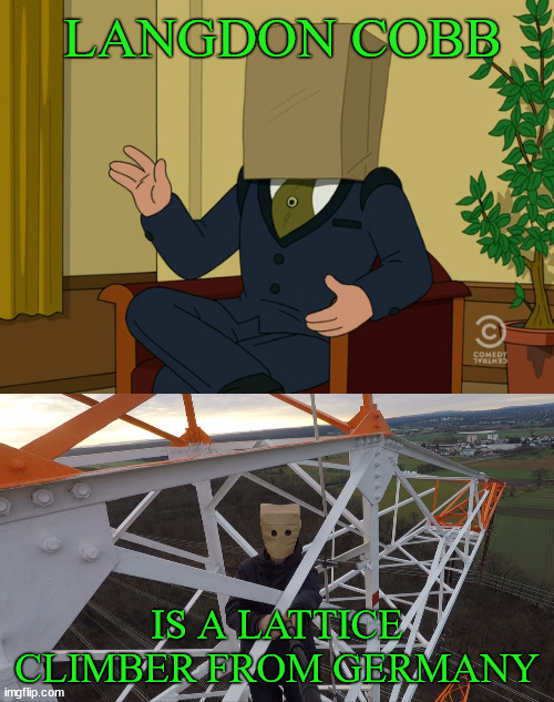 Futurama, Langdon Cobb | LANGDON COBB; IS A LATTICE CLIMBER FROM GERMANY | image tagged in baghead climber,langdon cobb,lattice climbing,futurama,meme,memes | made w/ Imgflip meme maker