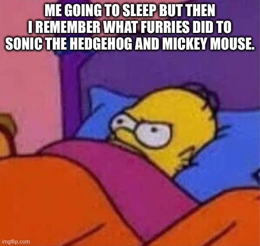 Sonic and Mickey Mouse aren’t furries no matter how many times you say it. | ME GOING TO SLEEP BUT THEN I REMEMBER WHAT FURRIES DID TO SONIC THE HEDGEHOG AND MICKEY MOUSE. | image tagged in angry homer simpson in bed,anti furry,simpsons | made w/ Imgflip meme maker
