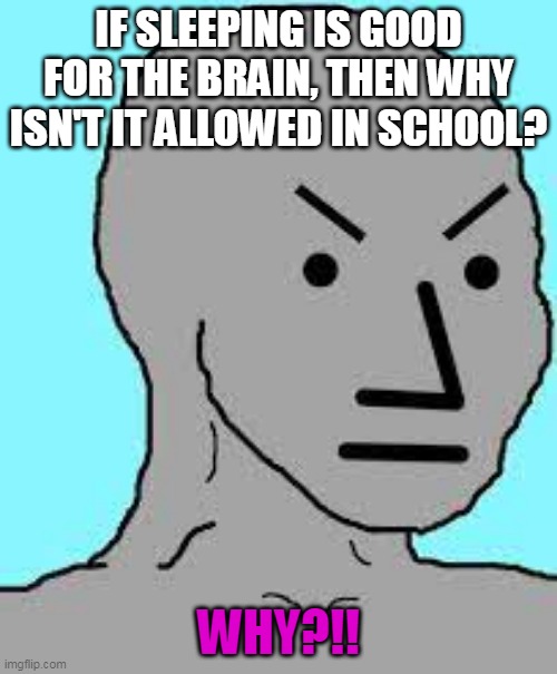 relatable memes | IF SLEEPING IS GOOD FOR THE BRAIN, THEN WHY ISN'T IT ALLOWED IN SCHOOL? WHY?!! | image tagged in relatable | made w/ Imgflip meme maker