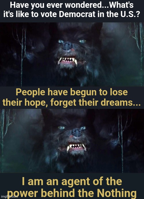 Have you ever wondered...What's it's like to vote Democrat in the U.S.? People have begun to lose their hope, forget their dreams... I am an agent of the power behind the Nothing | image tagged in gmork 2020,democrats,voting,never ending story | made w/ Imgflip meme maker