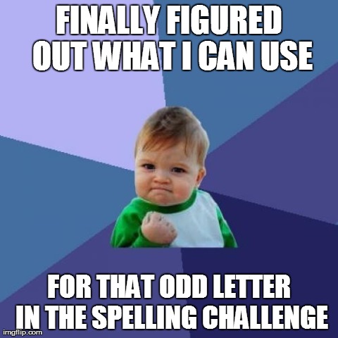 Success Kid Meme | FINALLY FIGURED OUT WHAT I CAN USE FOR THAT ODD LETTER IN THE SPELLING CHALLENGE | image tagged in memes,success kid | made w/ Imgflip meme maker