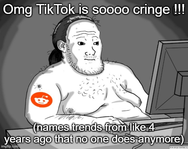 no one dances on it either | Omg TikTok is soooo cringe !!! (names trends from like 4 years ago that no one does anymore) | image tagged in average redditor | made w/ Imgflip meme maker