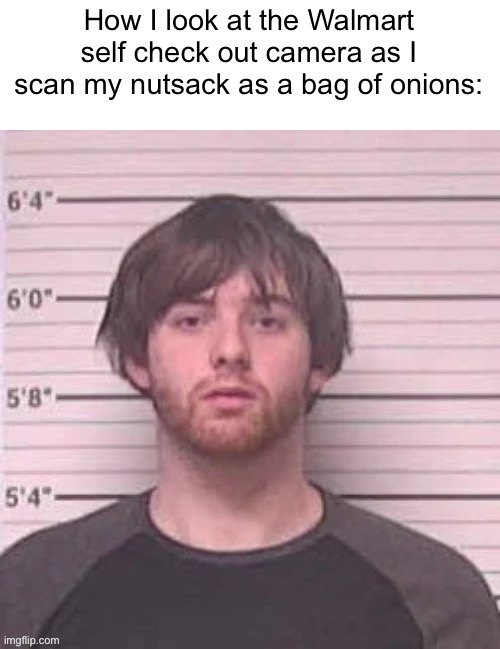 Live Lazy_mazy's mugshot reaction | How I look at the Walmart self check out camera as I scan my nutsack as a bag of onions: | image tagged in live lazy_mazy's mugshot reaction | made w/ Imgflip meme maker