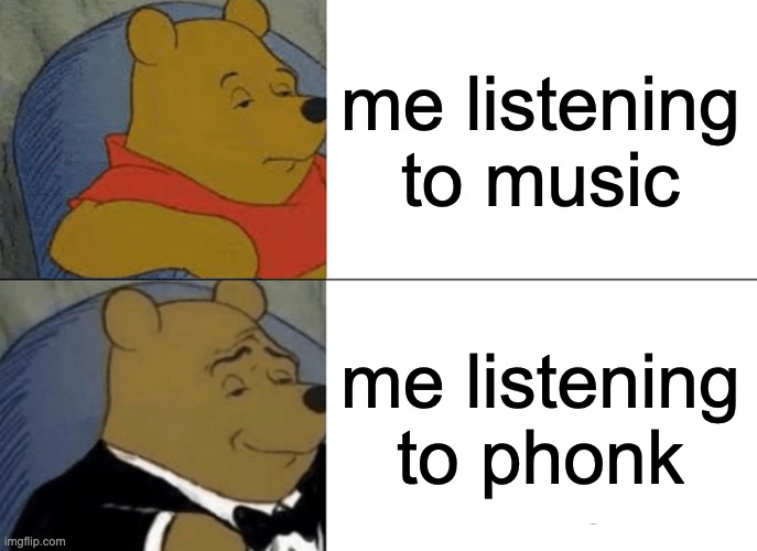 Tuxedo Winnie The Pooh | me listening to music; me listening to phonk | image tagged in memes,tuxedo winnie the pooh | made w/ Imgflip meme maker