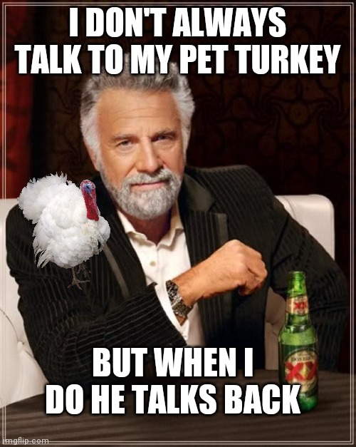 Talk to my Turkey | I DON'T ALWAYS TALK TO MY PET TURKEY; BUT WHEN I DO HE TALKS BACK | image tagged in memes,the most interesting man in the world,funny memes | made w/ Imgflip meme maker