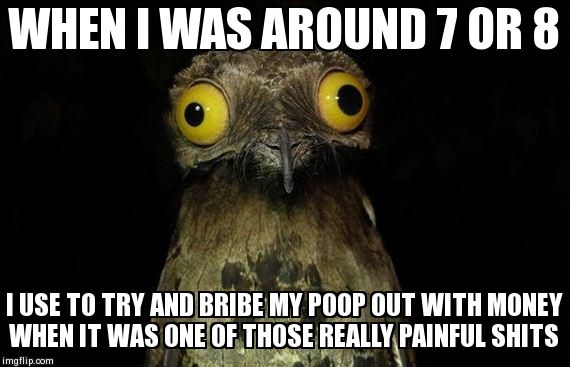 Weird Stuff I Do Potoo | WHEN I WAS AROUND 7 OR 8 I USE TO TRY AND BRIBE MY POOP OUT WITH MONEY WHEN IT WAS ONE OF THOSE REALLY PAINFUL SHITS | image tagged in memes,weird stuff i do potoo | made w/ Imgflip meme maker