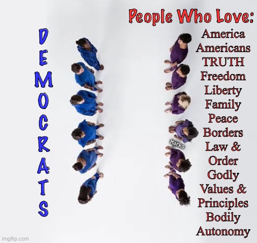 Yes, we are divided, & yes, it comes down to this… | People Who Love:; D
E
M
O
C
R
A
T
S; America
Americans
TRUTH
Freedom
Liberty
Family
Peace
Borders
Law &
Order
Godly
Values &
Principles
Bodily
Autonomy; Marko | image tagged in memes,democrats,vs not democrats,leftists vs sane people,progressives vs normal,fjb voters can kissmyass | made w/ Imgflip meme maker