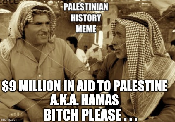 $9 MILLION IN AID TO PALESTINE
A.K.A. HAMAS BITCH PLEASE . . . | made w/ Imgflip meme maker