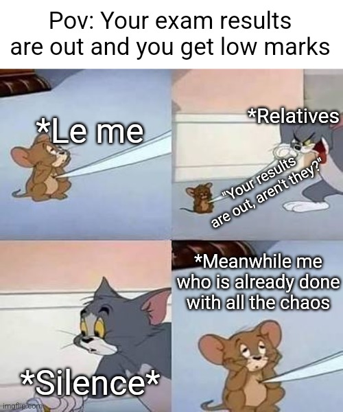 Your results are out and you get low marks | Pov: Your exam results are out and you get low marks; *Relatives; *Le me; "Your results are out, aren't they?"; *Meanwhile me who is already done with all the chaos; *Silence* | image tagged in depressed jerry being stabbed by tom,sad,sad but true,exams,results,relatable | made w/ Imgflip meme maker
