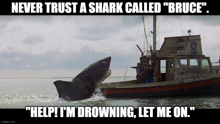 Jaws Boat | NEVER TRUST A SHARK CALLED "BRUCE". "HELP! I'M DROWNING, LET ME ON." | image tagged in jaws boat | made w/ Imgflip meme maker