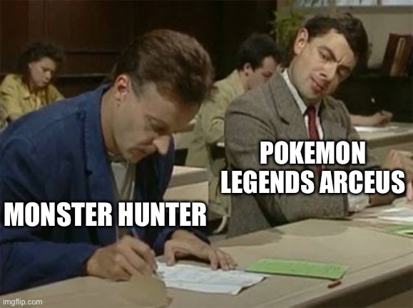 Mr bean copying | MONSTER HUNTER POKEMON LEGENDS ARCEUS | image tagged in mr bean copying | made w/ Imgflip meme maker