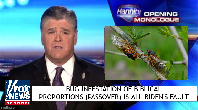 Bug invasion | BUG INFESTATION OF BIBLICAL PROPORTIONS (PASSOVER) IS ALL BIDEN'S FAULT | image tagged in cicadia,foxaganda,sean hannity,biden's fault,maga madness,invasion of bugs | made w/ Imgflip meme maker
