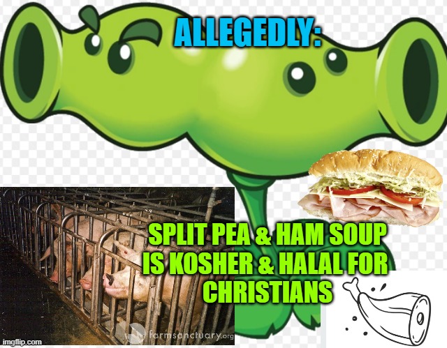 split pea | ALLEGEDLY: SPLIT PEA & HAM SOUP
IS KOSHER & HALAL FOR 
CHRISTIANS | image tagged in split pea | made w/ Imgflip meme maker