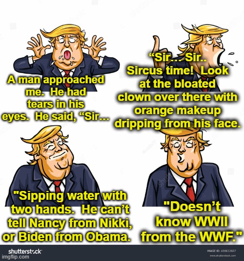 trRump's Cognition | “Sir… Sir.. Sircus time!  Look at the bloated clown over there with orange makeup dripping from his face. A man approached me.  He had tears in his eyes.  He said, “Sir…; "Doesn’t know WWII from the WWF."; "Sipping water with two hands.  He can’t tell Nancy from Nikki, or Biden from Obama. | image tagged in nevertrump meme,presidential race,maga,donald trump approves,donald trump the clown,alzheimers | made w/ Imgflip meme maker