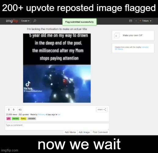 200+ upvote reposted image flagged; now we wait | made w/ Imgflip meme maker