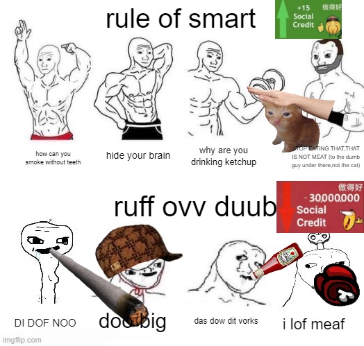 smart vs dumb | rule of smart; STOP EATING THAT,THAT IS NOT MEAT (to the dumb guy under there,not the cat); hide your brain; why are you drinking ketchup; how can you smoke without teeth; ruff ovv duub; doo big; das dow dit vorks; DI DOF NOO; i lof meaf | image tagged in x in the past vs x now,smart,vs,dumb | made w/ Imgflip meme maker