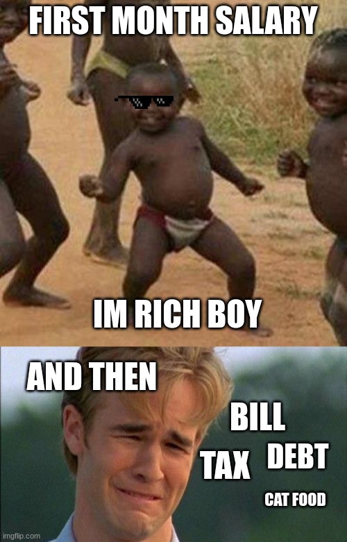 Don't happy too much responsibilities first | FIRST MONTH SALARY; IM RICH BOY; AND THEN; BILL; DEBT; TAX; CAT FOOD | image tagged in memes,third world success kid,crying dawson | made w/ Imgflip meme maker
