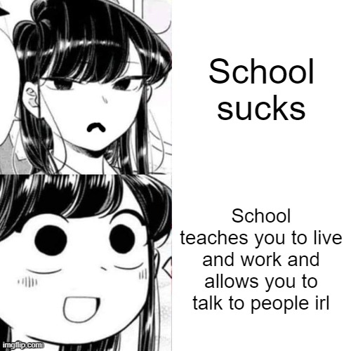 not everyone has a good school system or learns best through school, but you get the point | School sucks; School teaches you to live and work and allows you to talk to people irl | image tagged in komi-san hotline bling,school,memes,komi san,anime girl,school memes | made w/ Imgflip meme maker