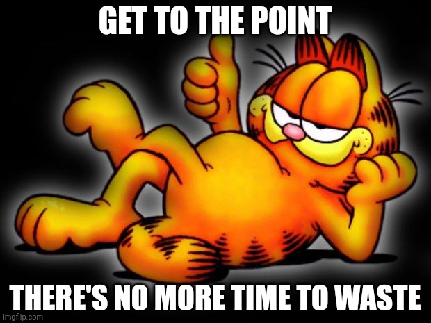 garfield thumbs up | GET TO THE POINT; THERE'S NO MORE TIME TO WASTE | image tagged in garfield thumbs up | made w/ Imgflip meme maker