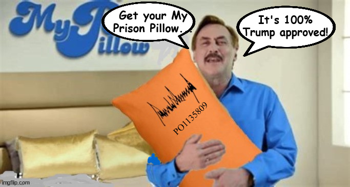 My Prison Pilllow | It's 100% Trump approved! Get your My Prison Pillow... PO1135809 | image tagged in my pillow,mike lindell,maga prison,prison pillow,autographed by trump,po1135809 | made w/ Imgflip meme maker