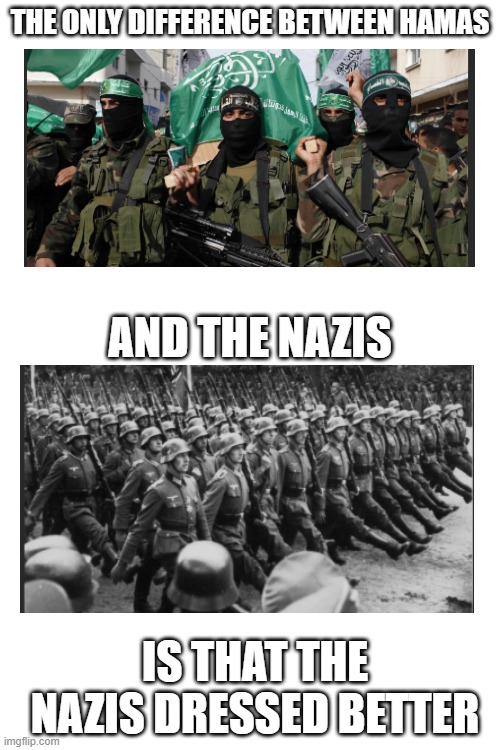 Hamas and the nazis are the same, with the same intentions, only difference is that Nazis dressed better | THE ONLY DIFFERENCE BETWEEN HAMAS; AND THE NAZIS; IS THAT THE NAZIS DRESSED BETTER | image tagged in terrorist,nazi | made w/ Imgflip meme maker