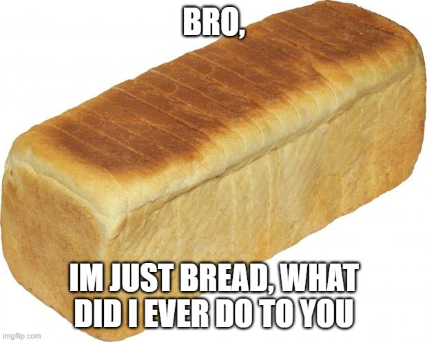 Breadddd | BRO, IM JUST BREAD, WHAT DID I EVER DO TO YOU | image tagged in breadddd | made w/ Imgflip meme maker