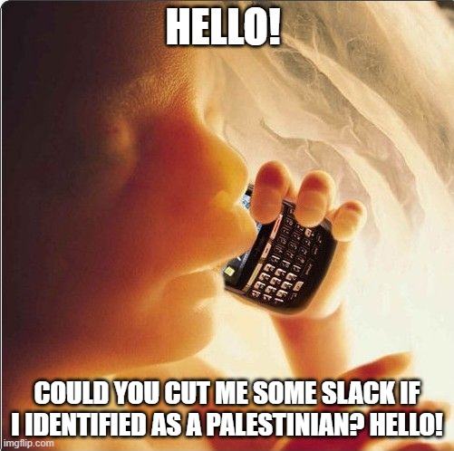 Baby in womb on cell phone - fetus blackberry | HELLO! COULD YOU CUT ME SOME SLACK IF I IDENTIFIED AS A PALESTINIAN? HELLO! | image tagged in baby in womb on cell phone - fetus blackberry | made w/ Imgflip meme maker