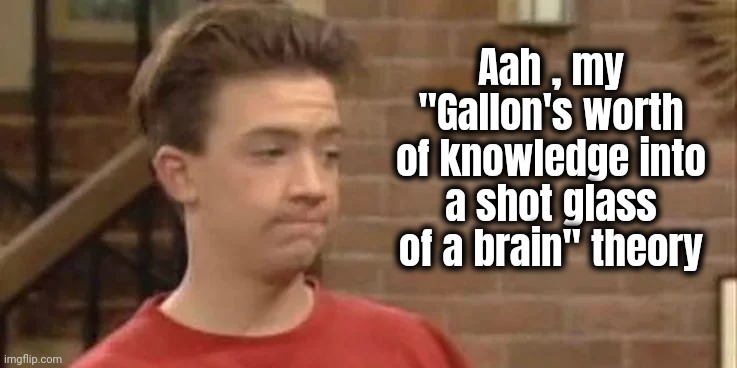 Bud Bundy of Married With Children | Aah , my "Gallon's worth of knowledge into a shot glass of a brain" theory | image tagged in bud bundy of married with children | made w/ Imgflip meme maker