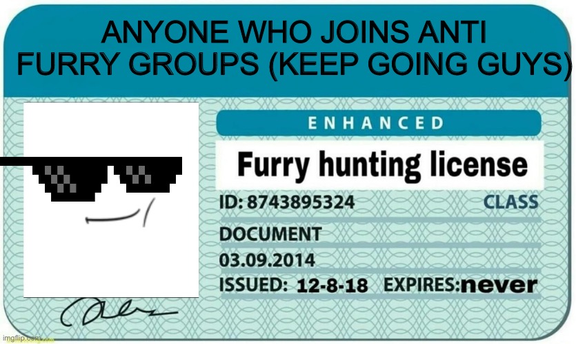 My liscence: | ANYONE WHO JOINS ANTI FURRY GROUPS (KEEP GOING GUYS) | image tagged in furry hunting license,anti furry | made w/ Imgflip meme maker