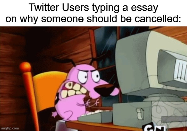 Basically Every Twitter User In a Nutshell | Twitter Users typing a essay on why someone should be cancelled: | image tagged in angry courage at the computer,twitter,facts,in a nutshell,so true memes,angry | made w/ Imgflip meme maker