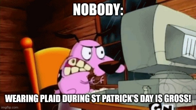 Wearing plaid during St Patrick's Day is gross! | NOBODY:; WEARING PLAID DURING ST PATRICK'S DAY IS GROSS! | image tagged in angry courage at the computer,holidays,jpfan102504 | made w/ Imgflip meme maker