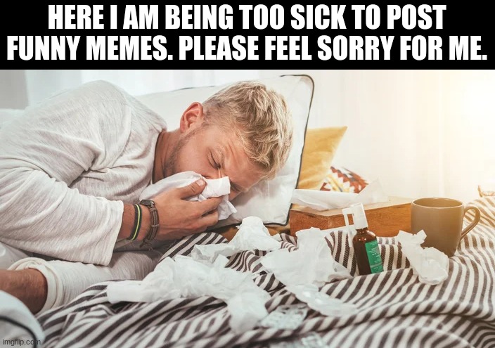 Woe is me | HERE I AM BEING TOO SICK TO POST FUNNY MEMES. PLEASE FEEL SORRY FOR ME. | image tagged in memes,funny,sick,health | made w/ Imgflip meme maker