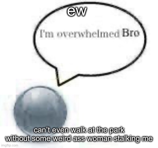 she was asking me to walk her dog n come to her car to get it um ????? | ew; can’t even walk at the park without some weird ass woman stalking me | image tagged in i m overwhelmed bro ball | made w/ Imgflip meme maker