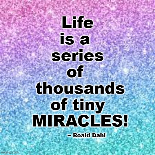Life | Life 
is a 
series
of 
  thousands 
 of tiny 
 MIRACLES! ~ Roald Dahl | image tagged in sparkle background | made w/ Imgflip meme maker