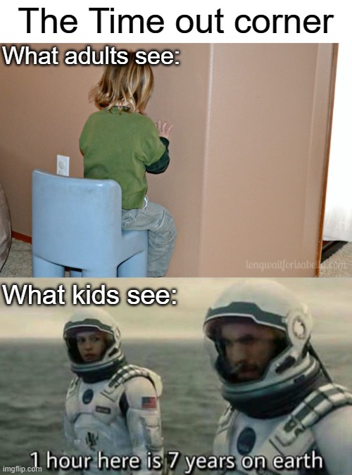 The time out corner felt like forever | The Time out corner; What adults see:; What kids see: | image tagged in one hour here is seven years on earth,childhood,relatable memes,so true memes,punishment | made w/ Imgflip meme maker