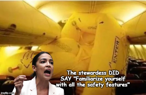 Sharp as a marble | The stewardess DID SAY "Familiarize yourself with all the safety features" | image tagged in aoc plane meme | made w/ Imgflip meme maker