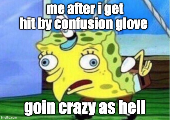 Mocking Spongebob | me after i get hit by confusion glove; goin crazy as hell | image tagged in memes,mocking spongebob | made w/ Imgflip meme maker