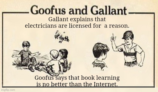 Licensed electrician vs Internet | Gallant explains that electricians are licensed for  a reason. Goofus says that book learning is no better than the Internet. | image tagged in goofus and gallant template | made w/ Imgflip meme maker