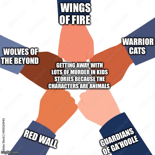 “Kids” books (comment if you know anymore) | WINGS OF FIRE; WARRIOR CATS; WOLVES OF THE BEYOND; GETTING AWAY WITH LOTS OF MURDER IN KIDS STORIES BECAUSE THE CHARACTERS ARE ANIMALS; RED WALL; GUARDIANS OF GA’HOOLE | image tagged in fandoms,books | made w/ Imgflip meme maker
