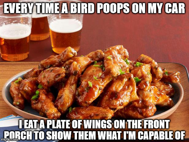 Everytime a bird poops on my car I eat a plate of wings | EVERY TIME A BIRD POOPS ON MY CAR; I EAT A PLATE OF WINGS ON THE FRONT PORCH TO SHOW THEM WHAT I'M CAPABLE OF | image tagged in chicken wings | made w/ Imgflip meme maker