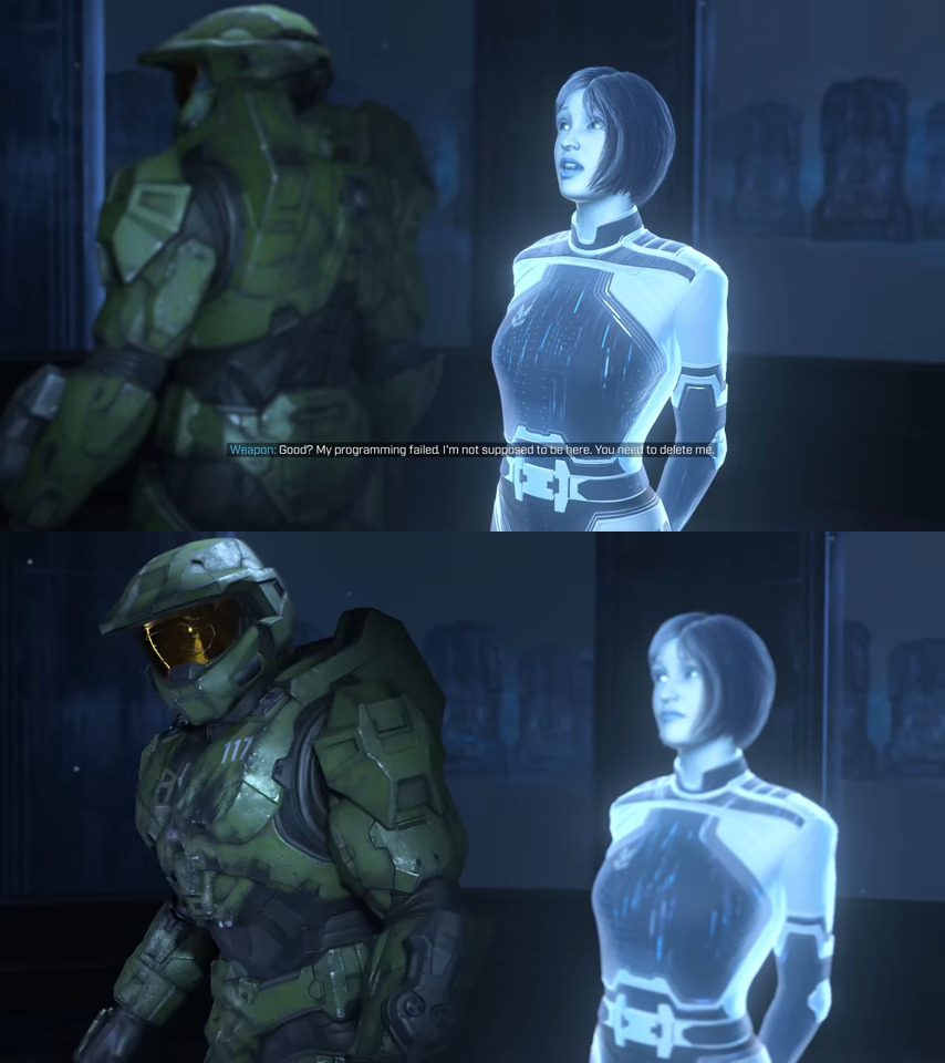 Master Chief looks at the weapon Blank Meme Template