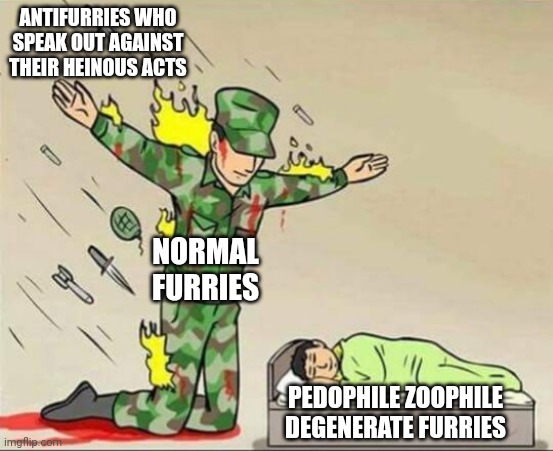 Like we know some furries just do it for fun but that doesn't mean we have to like pedophile zoophile degenerates | ANTIFURRIES WHO SPEAK OUT AGAINST THEIR HEINOUS ACTS; NORMAL FURRIES; PEDOPHILE ZOOPHILE DEGENERATE FURRIES | image tagged in soldier protecting sleeping child,antifurry | made w/ Imgflip meme maker