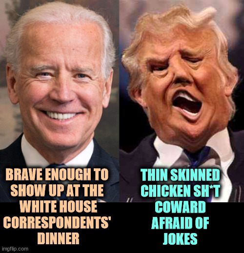 Contrast | THIN SKINNED
CHICKEN SH*T
COWARD
AFRAID OF
JOKES; BRAVE ENOUGH TO 
SHOW UP AT THE 
WHITE HOUSE
CORRESPONDENTS' 
DINNER | image tagged in biden solid stable trump acid drugs,biden,strong,trump,weak | made w/ Imgflip meme maker