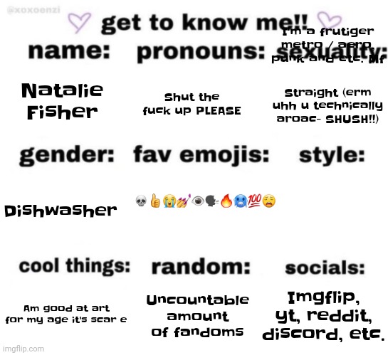 get to know me but better | I'm a frutiger metro / aero, punk and etc. Mf; Natalie Fisher; Shut the fu​ck up PLEASE; Straight (erm uhh u technically aroac- SHUSH!!); 💀👍😭💅👁🗣🔥🥶💯😩; Dishwasher; Imgflip, yt, reddit, discord, etc. Uncountable amount of fandoms; Am good at art for my age it's scar e | image tagged in get to know me but better | made w/ Imgflip meme maker