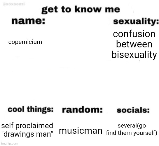 get to know me but better | copernicium; confusion between bisexuality; several(go find them yourself); musicman; self proclaimed "drawings man" | image tagged in get to know me but better | made w/ Imgflip meme maker