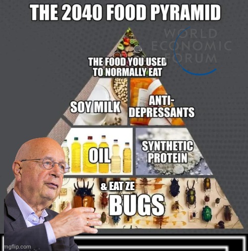 WEF Klaus Schwab eat ze bugs food pyramid | & EAT ZE | image tagged in what how,nwo,bugs,food memes | made w/ Imgflip meme maker