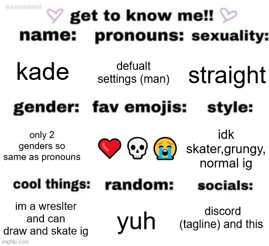 get to know me but better | kade; defualt settings (man); straight; ❤️💀😭; idk skater,grungy, normal ig; only 2 genders so same as pronouns; discord (tagline) and this; yuh; im a wreslter and can draw and skate ig | image tagged in get to know me but better | made w/ Imgflip meme maker