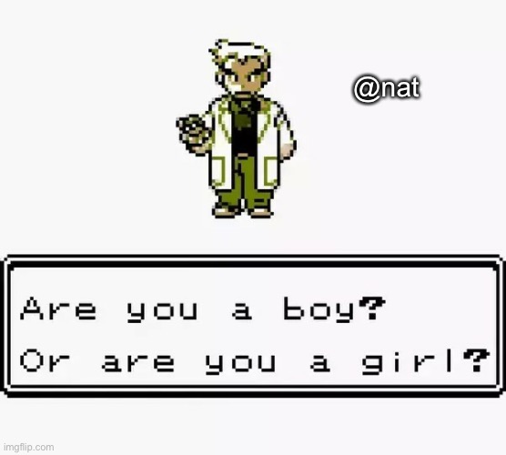 Prof. Oak Are you a boy or a girl? | @nat | image tagged in prof oak are you a boy or a girl | made w/ Imgflip meme maker